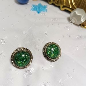 Vintage rhinestone and colorful green center clip on earrings